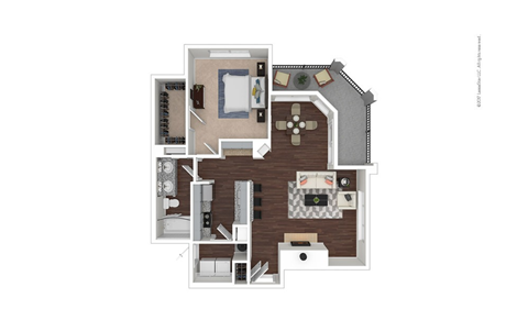 Floor plan for 1 bed, 1 bath, 872 sqft